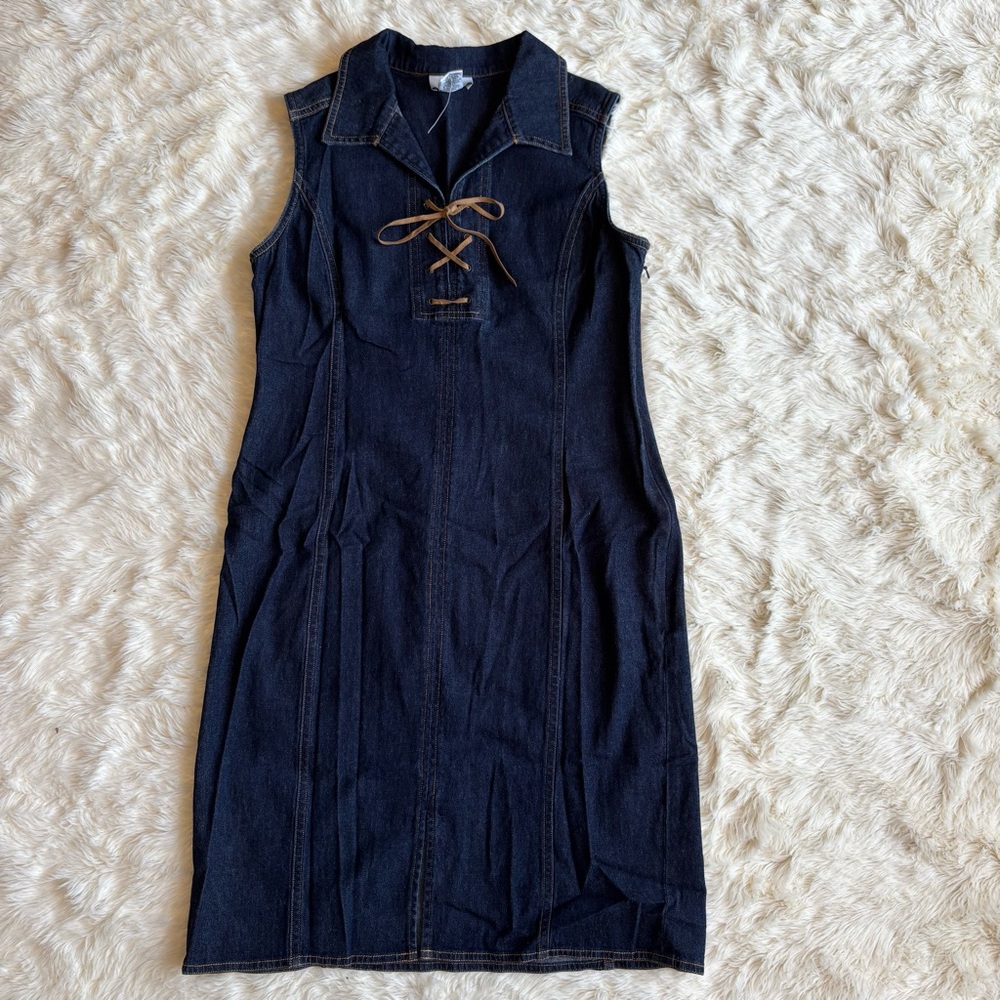 Vintage Ann Taylor Loft Sleeveless Dark Wash Denim Lace Up Collared Midi Dress 6